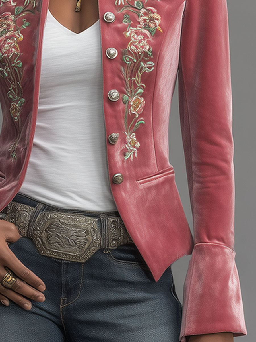 Vera - Jacke Western für den Urlaub aus Samt Blumenmuster mit Kragen bestickt