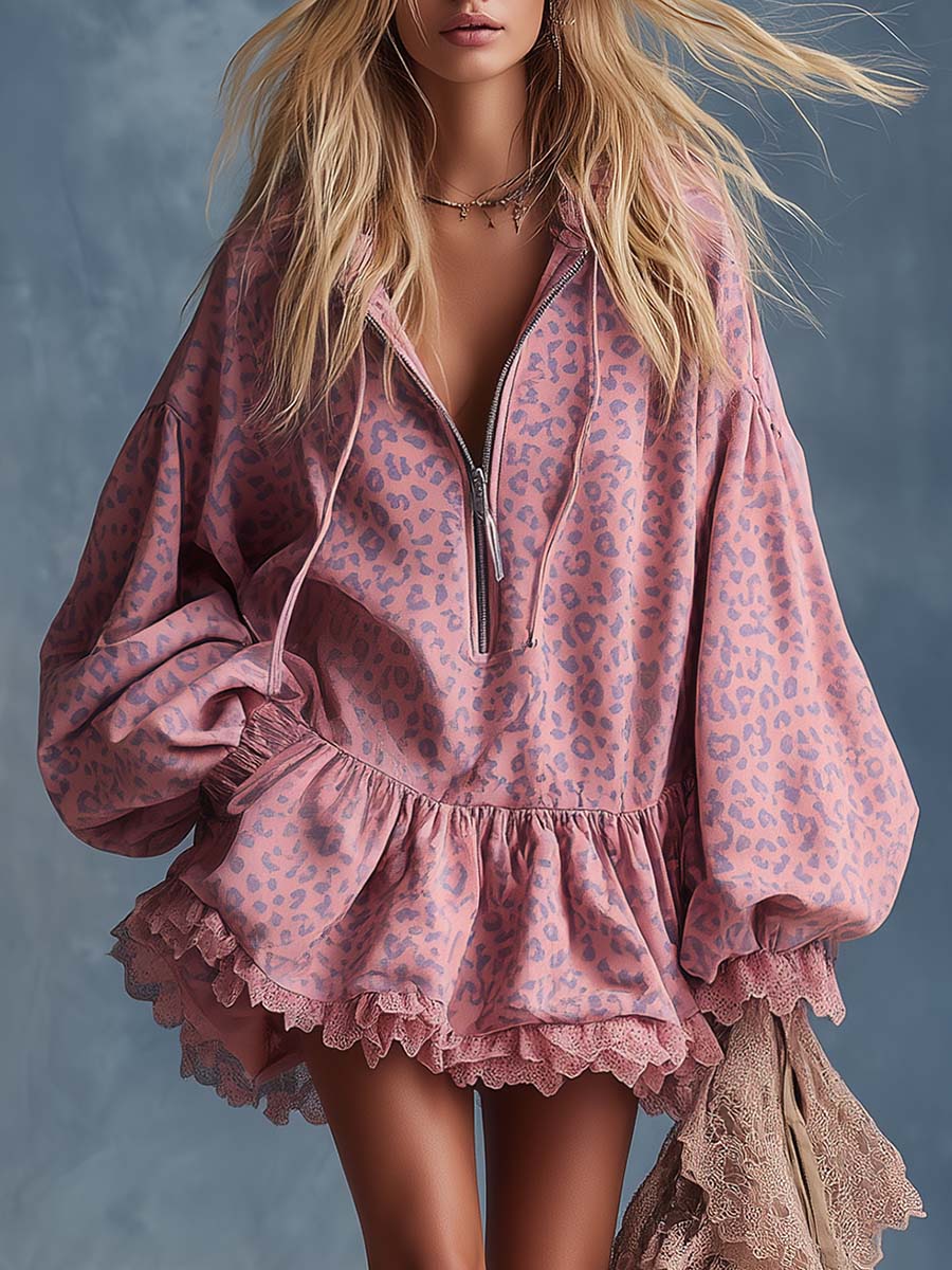 Cordula - Elegantes Minikleid Western aus Kunstwildleder Leopardenmuster mit Reißverschluss und Volants