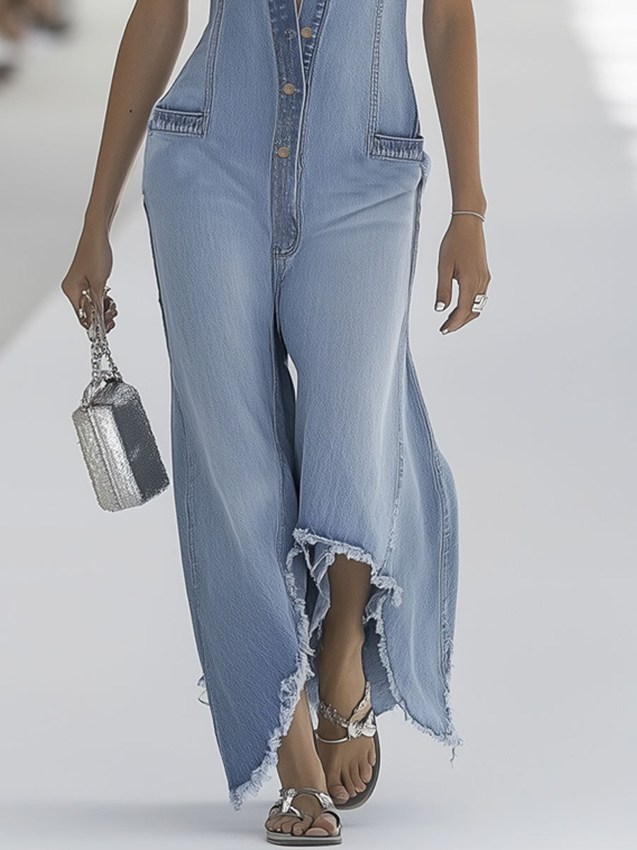 Minna - Overall Western im Retro-Stil aus Jeansstoff mit Reißverschluss und V-Ausschnitt und ärmellosem Schnitt