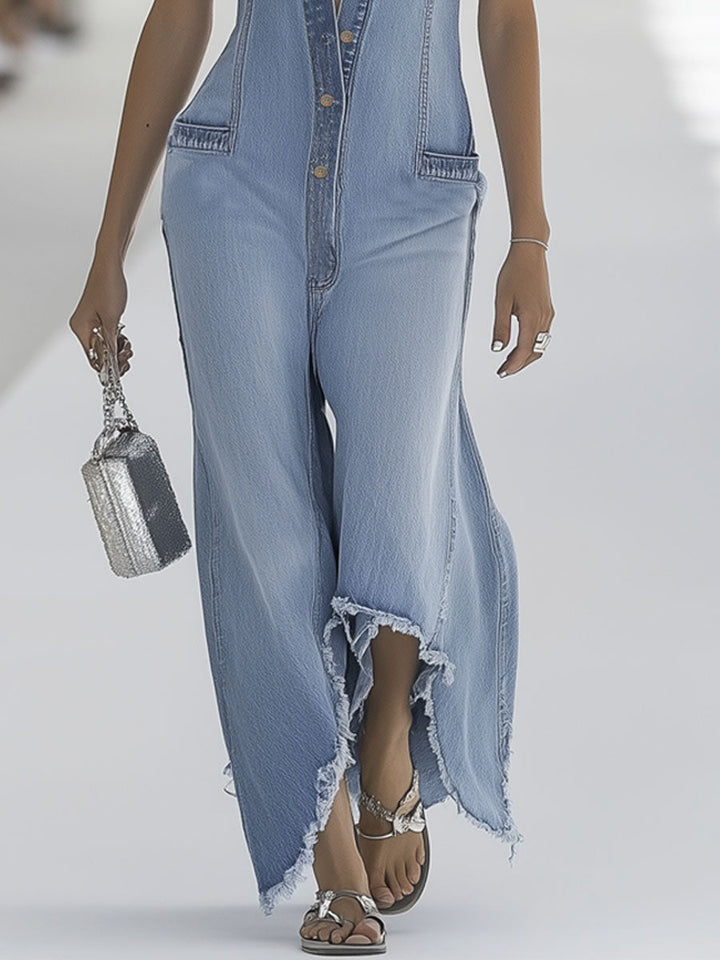 Minna - Overall Western im Retro-Stil aus Jeansstoff mit Reißverschluss und V-Ausschnitt und ärmellosem Schnitt