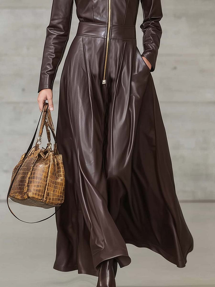 Hanni - Maxikleid Western für den Urlaub aus Kunstleder mit Reißverschluss und V-Ausschnitt