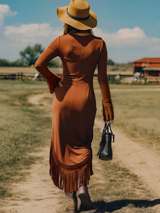 Frida - Midikleid Western im Retro-Stil aus Leinen mit Fransen und V-Ausschnitt