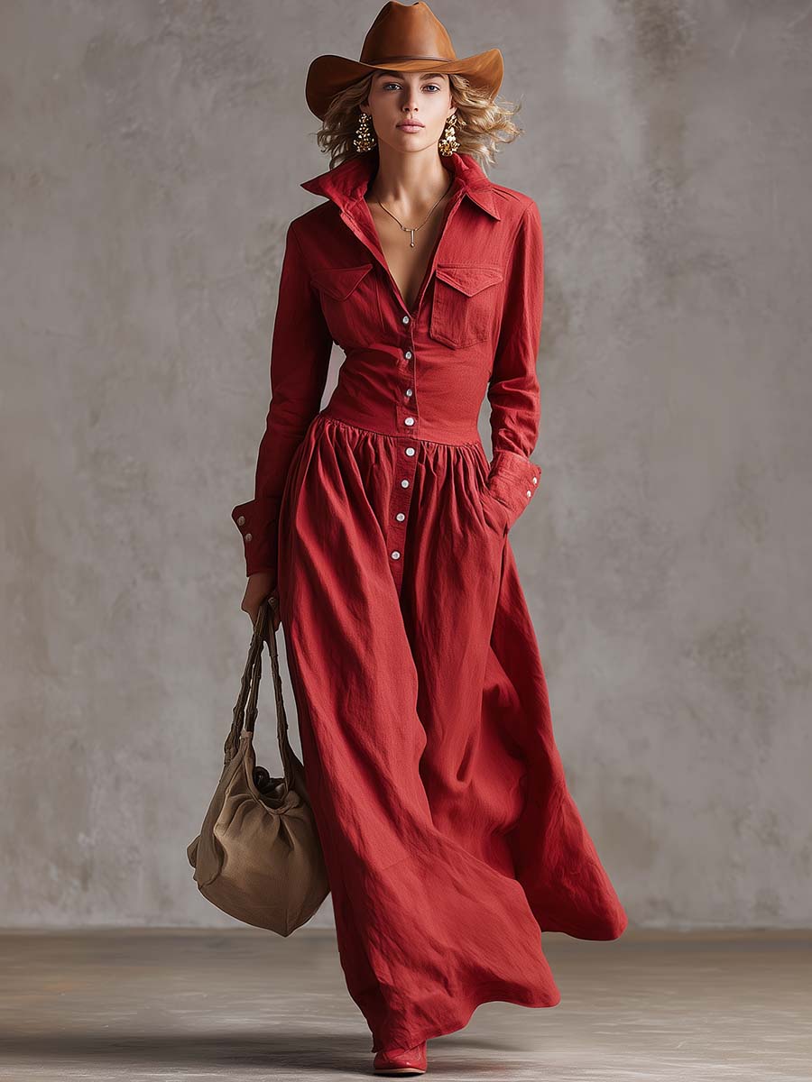 Malea - Maxikleid Western im Retro-Stil aus Leinen mit Kragen und Knöpfen