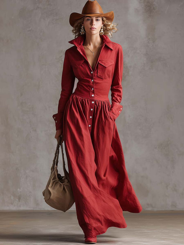 Malea - Maxikleid Western im Retro-Stil aus Leinen mit Kragen und Knöpfen