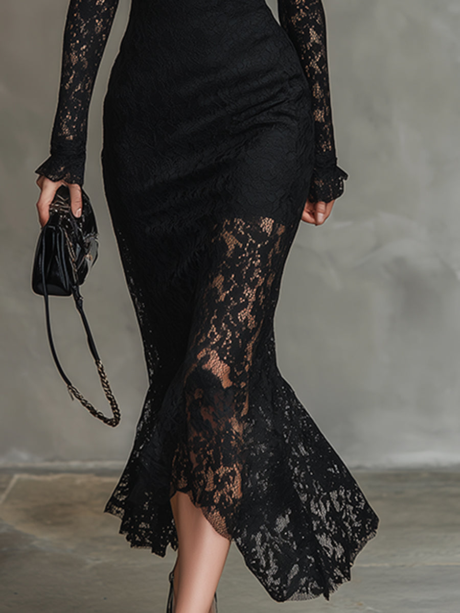 Julia - Elegantes Maxikleid für besondere Abende aus Spitze mit Kragen und Einsätze aus Spitze