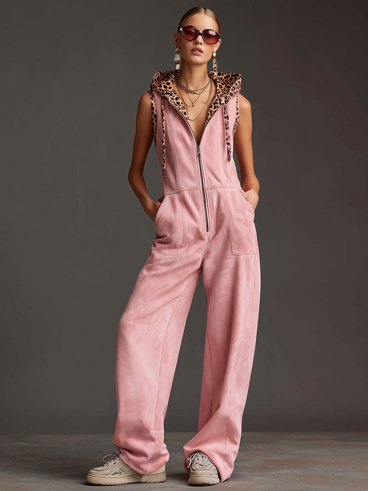 Marga - Overall Western im Retro-Stil aus Kunstwildleder Leopardenmuster mit Reißverschluss und Kapuze ärmellos