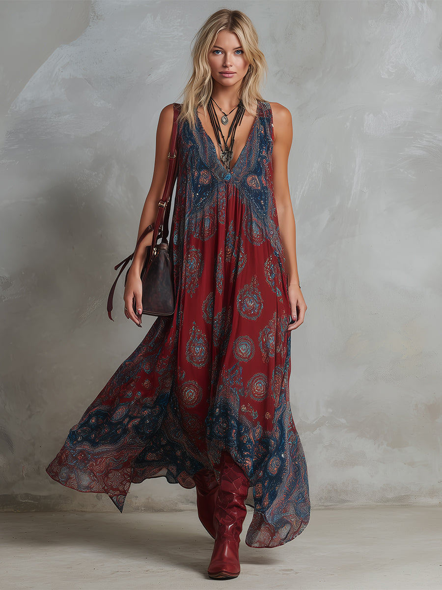 Rike - Maxikleid Western im Retro-Stil aus Chiffon abstrakt ärmellos