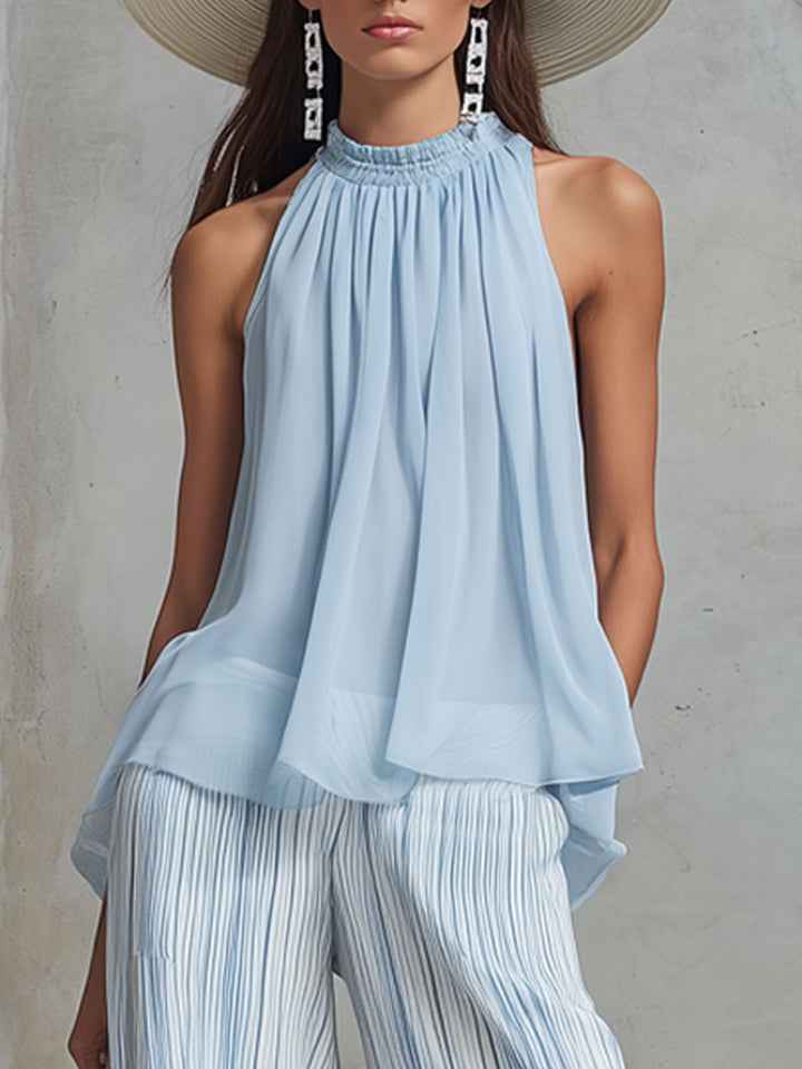 Nadine - Hosen-Urlaubs-Ensemble für den Alltag aus Chiffon gestreift ärmellos