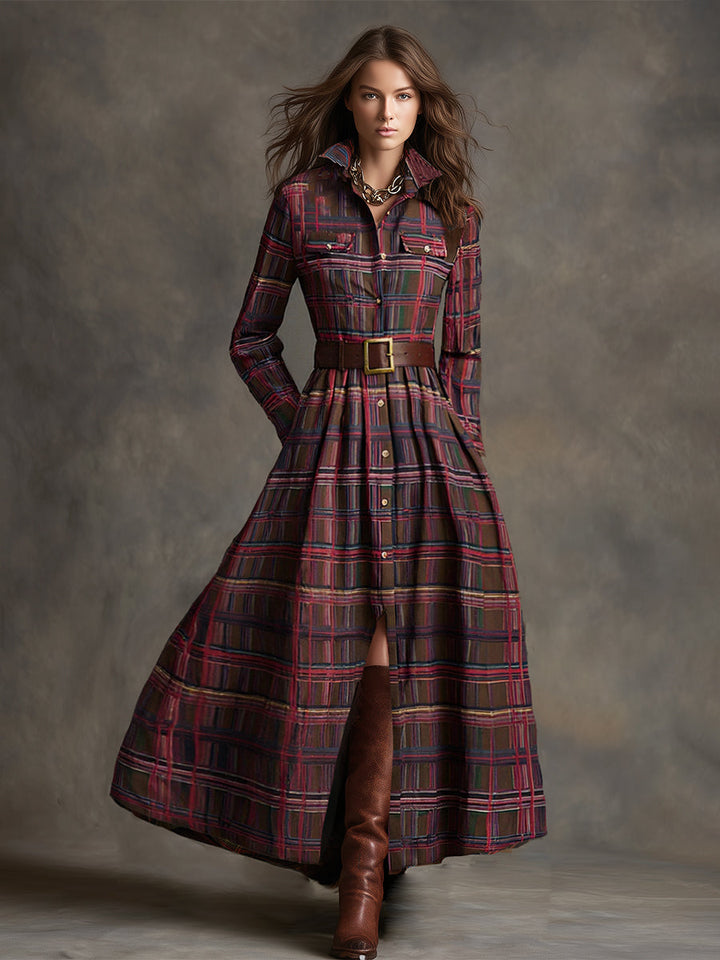 Anke - Maxikleid Western im Retro-Stil aus Leinen kariert mit Kragen
