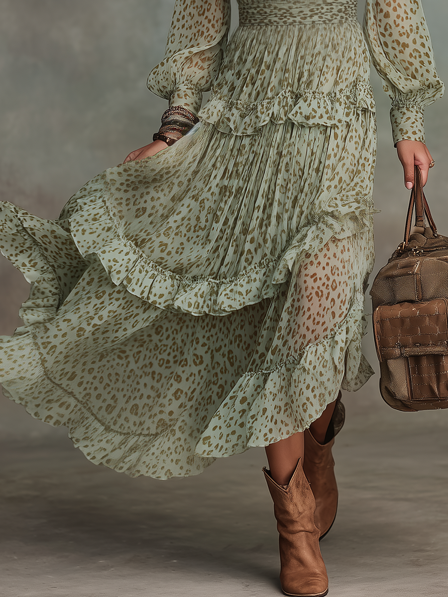 Gesine - Elegantes Midikleid Retro aus Chiffon Leopardenmuster mit Volants und V-Ausschnitt
