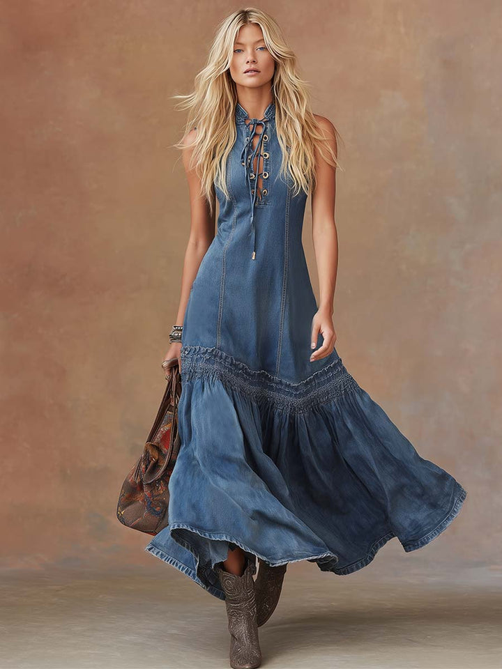 Elli - Elegantes Maxikleid Retro aus Jeansstoff ärmellos