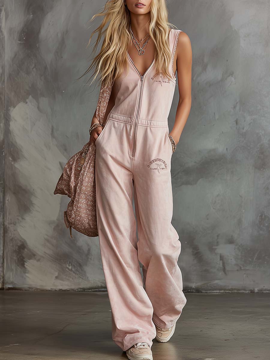 Sanni - Overall elegant im Retro-Stil aus Leinen mit Reißverschluss und V-Ausschnitt und ärmellosem Schnitt