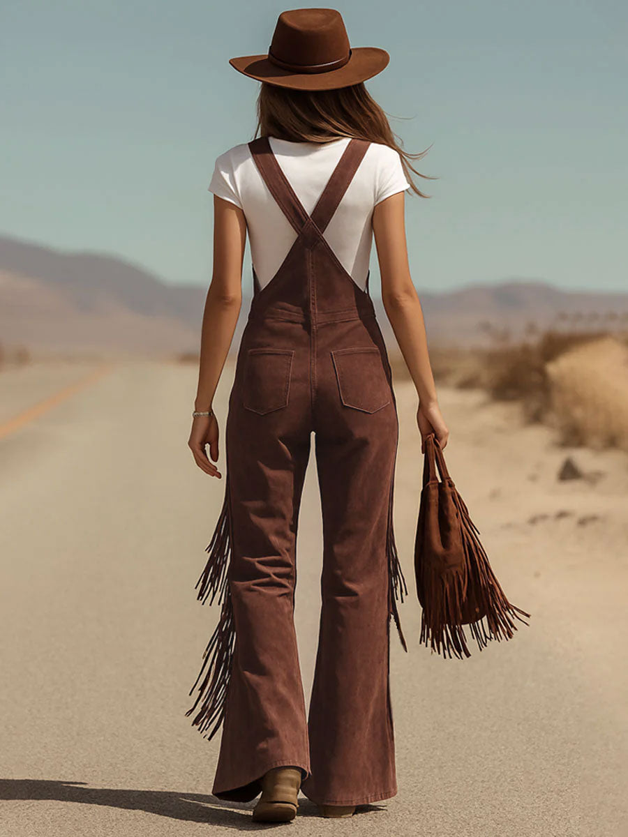 Gesine - Latzhose Western für den Alltag aus Kunstwildleder mit Fransen und Taschen
