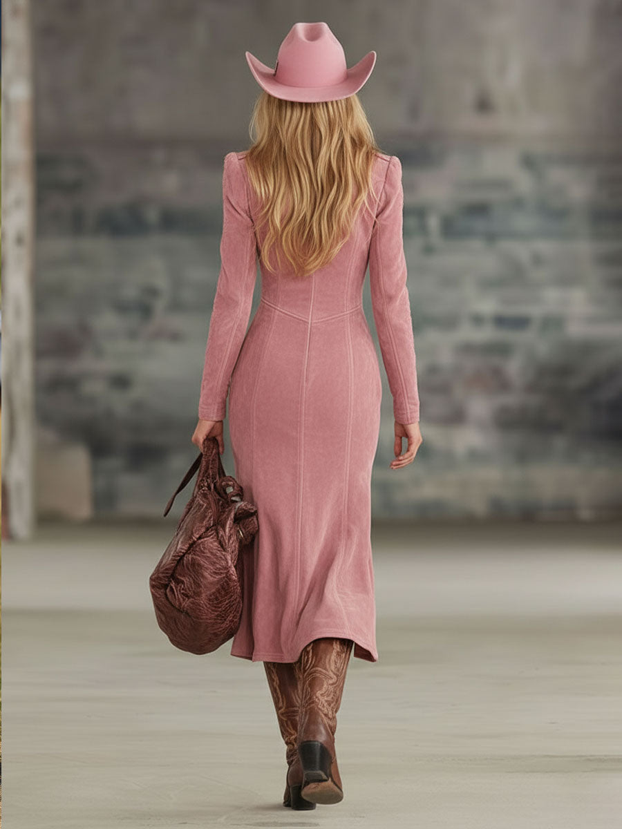 Clara - Midikleid Western für den Urlaub aus Kunstwildleder mit Reißverschluss und Fransen bestickt