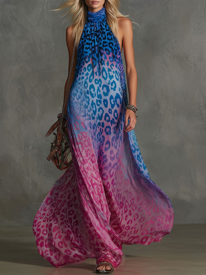 Pia - Maxikleid Western für den Urlaub aus Chiffon Leopardenmuster ärmellos
