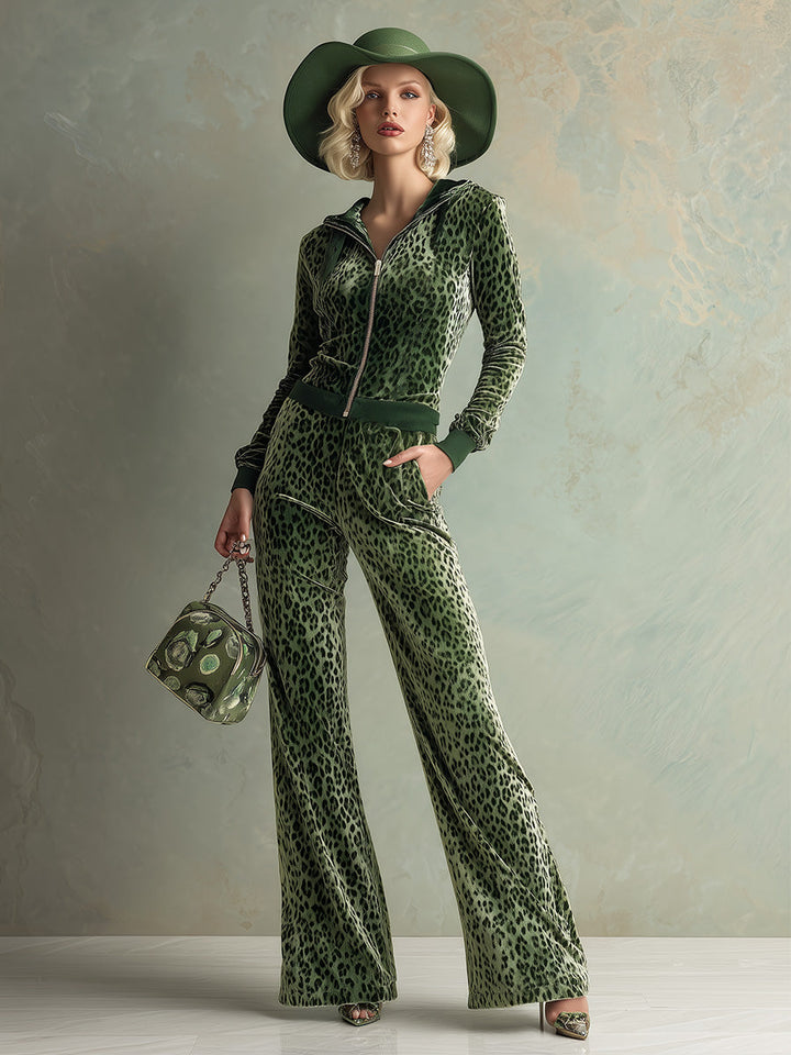 Liya - Overall elegant im Retro-Stil aus Samt Leopardenmuster mit Reißverschluss und Kapuze