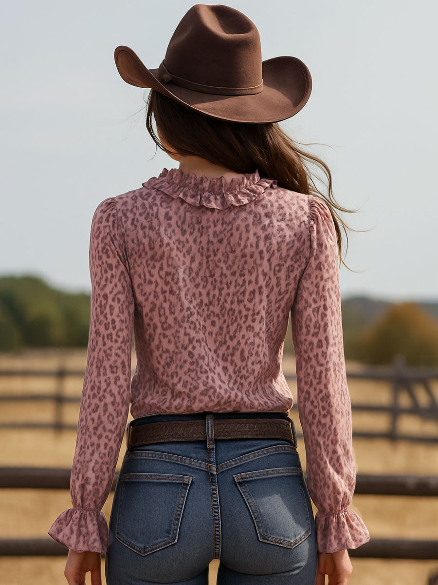 Annelie - Bluse Western für den Alltag aus Chiffon Leopardenmuster mit Volants und V-Ausschnitt