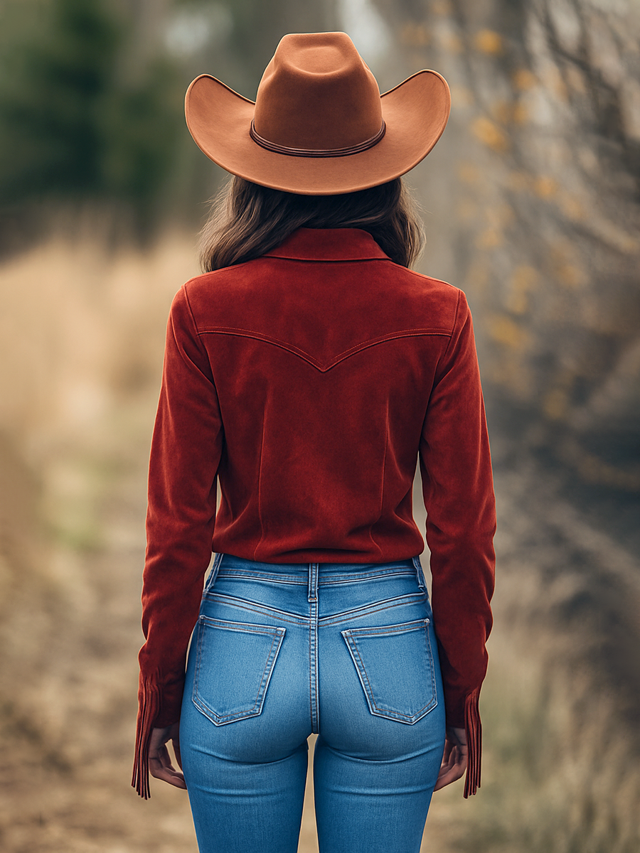 Lenya - Bluse Western im Retro-Stil aus Kunstwildleder mit Fransen und Kragen
