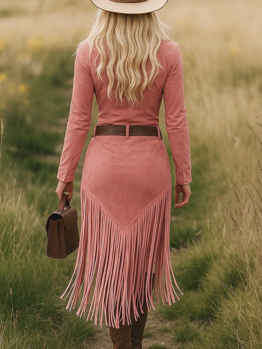 Mirella - Midikleid Western im Retro-Stil aus Kunstwildleder mit Reißverschluss und Fransen