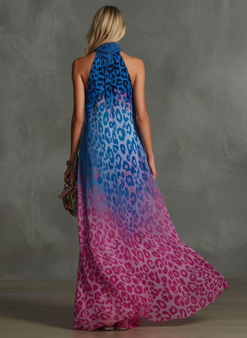 Pia - Maxikleid Western für den Urlaub aus Chiffon Leopardenmuster ärmellos