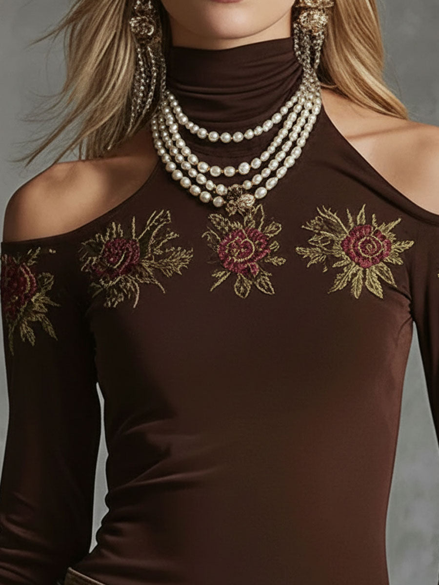 Marion - Bluse Western für den Alltag aus Leinen Blumenmuster schulterfrei bestickt