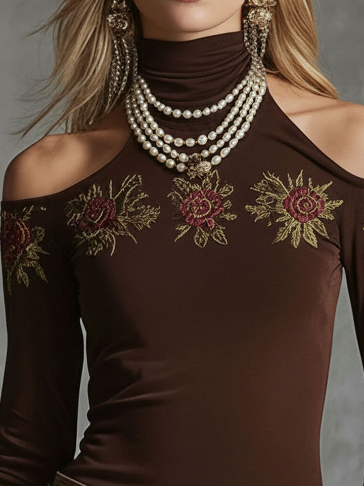 Marion - Bluse Western für den Alltag aus Leinen Blumenmuster schulterfrei bestickt