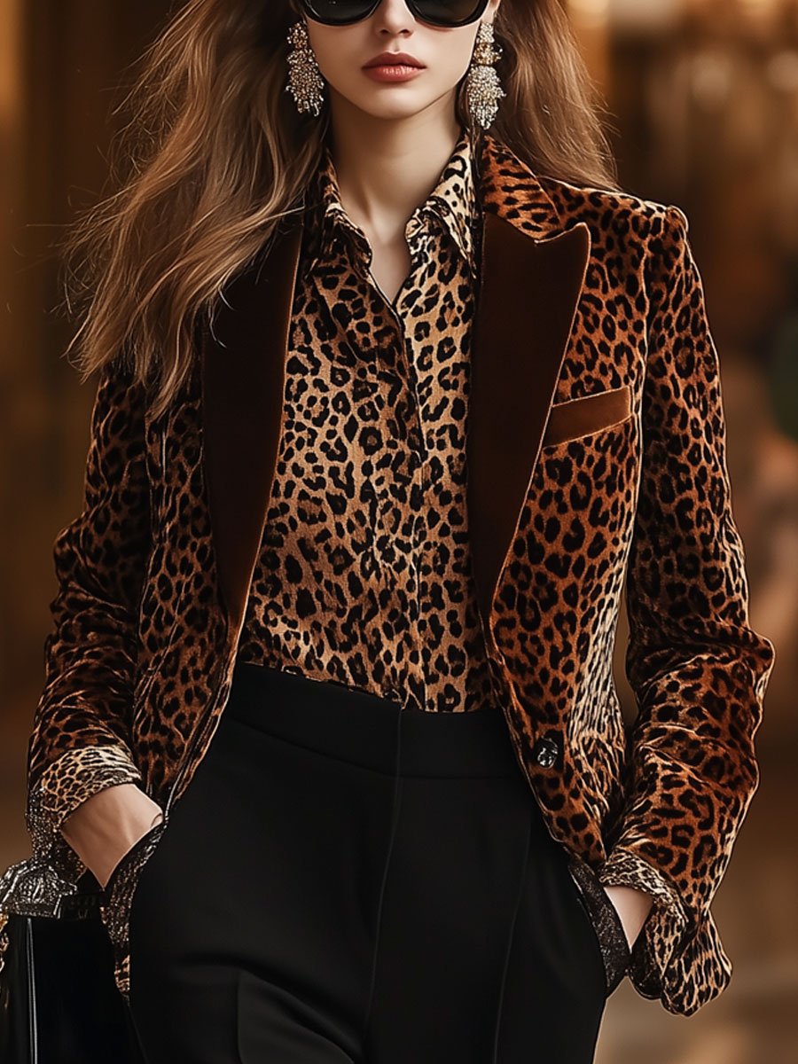 Claudia - Jacke lässig Retro aus Samt Leopardenmuster mit Kragen und V-Ausschnitt