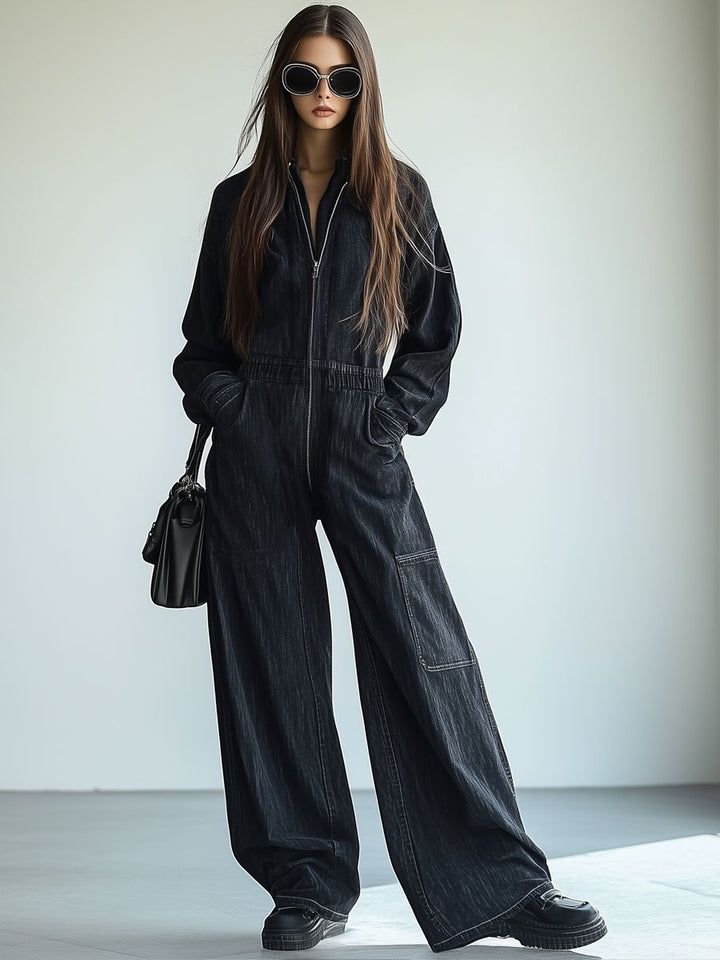 Monika - Overall lässig Retro aus Jeansstoff mit Reißverschluss und Kragen
