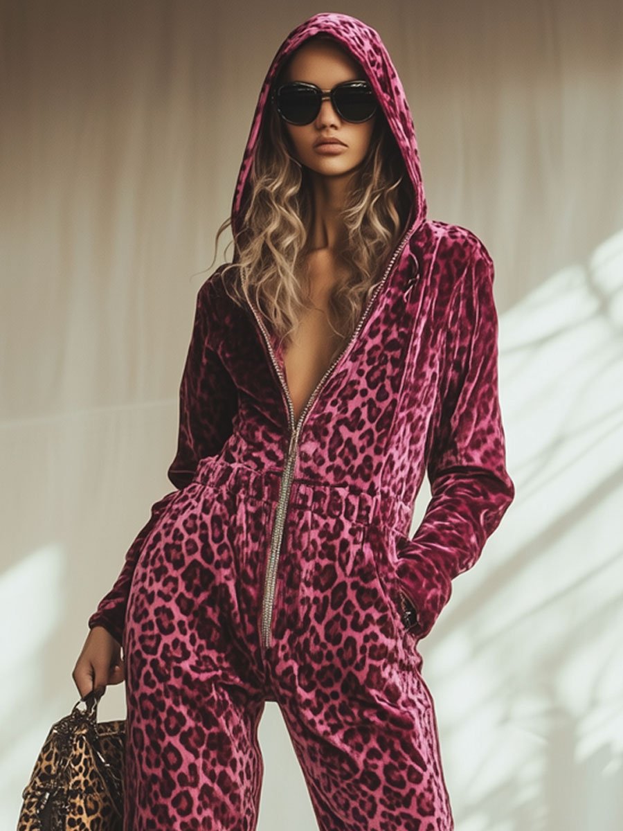 Smilla - Overall lässig Retro aus Samt Leopardenmuster mit Reißverschluss und Kapuze mit Linie feminin