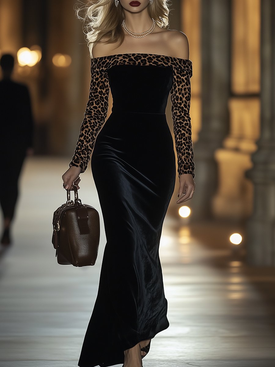 Emilia - Elegantes Maxikleid Retro aus Samt Leopardenmuster schulterfrei