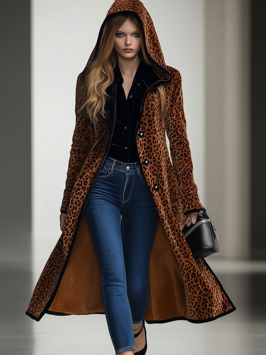 Marla - Mantel lässig Retro aus Samt Leopardenmuster mit Kapuze