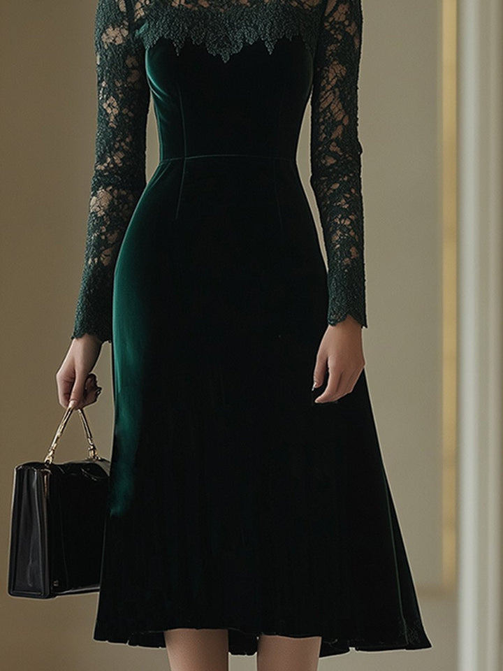 Kaja - Elegantes Midikleid Retro aus Samt mit Kragen und Einsätze aus Spitze