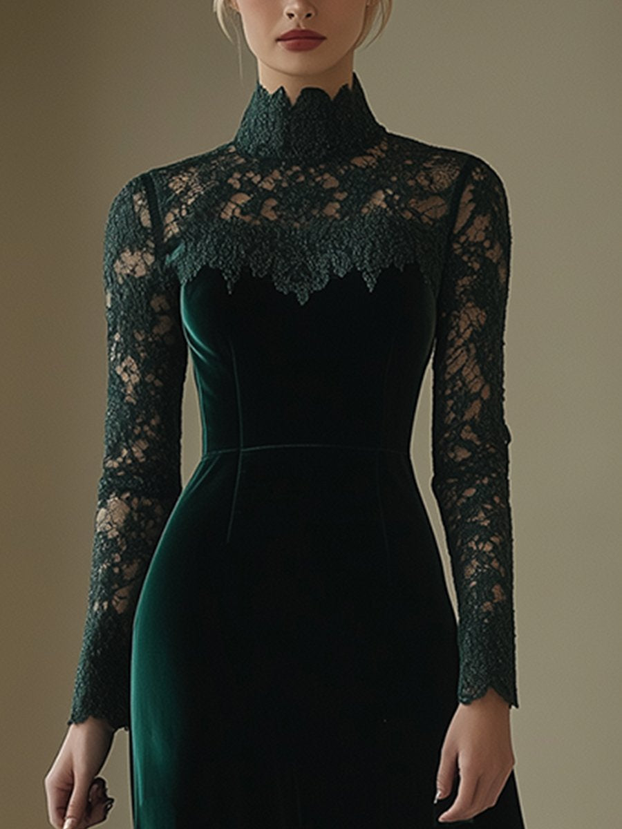 Kaja - Elegantes Midikleid Retro aus Samt mit Kragen und Einsätze aus Spitze