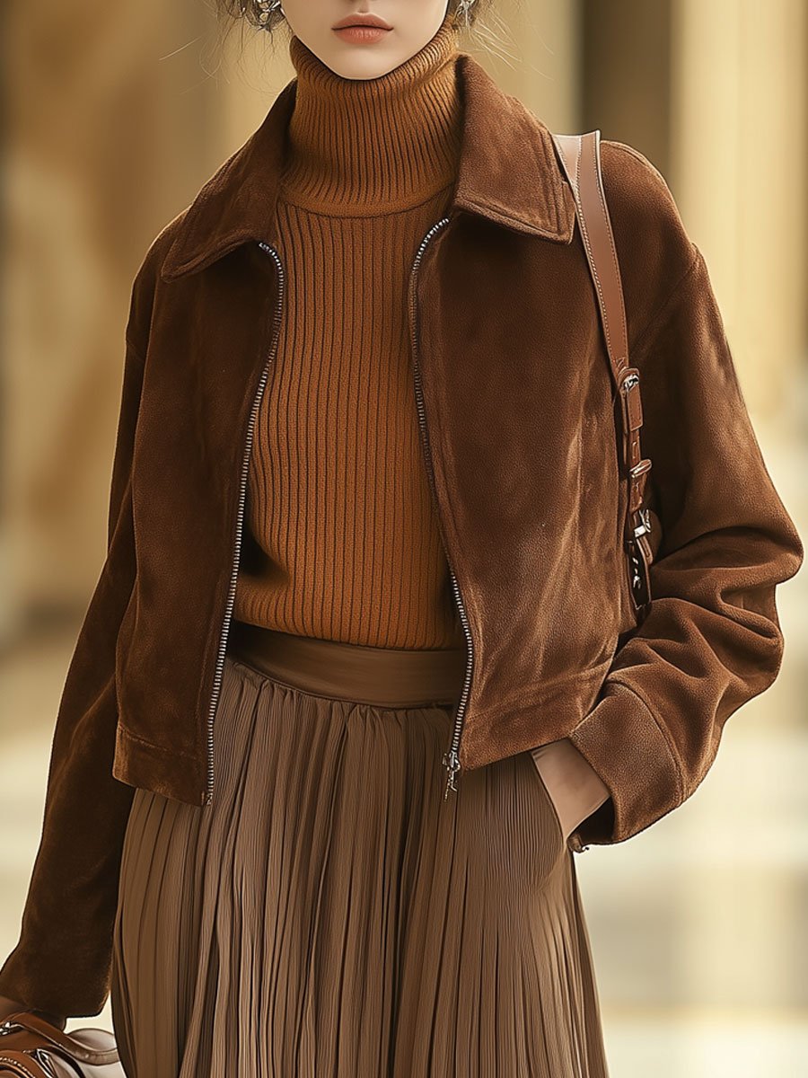 Milena - Jacke lässig Western aus Kunstwildleder mit Reißverschluss und Taschen
