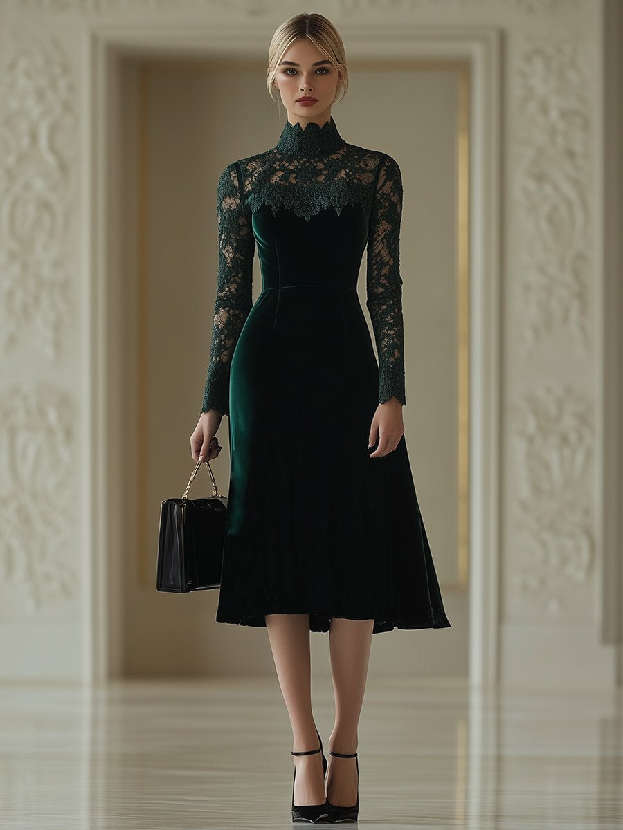Kaja - Elegantes Midikleid Retro aus Samt mit Kragen und Einsätze aus Spitze