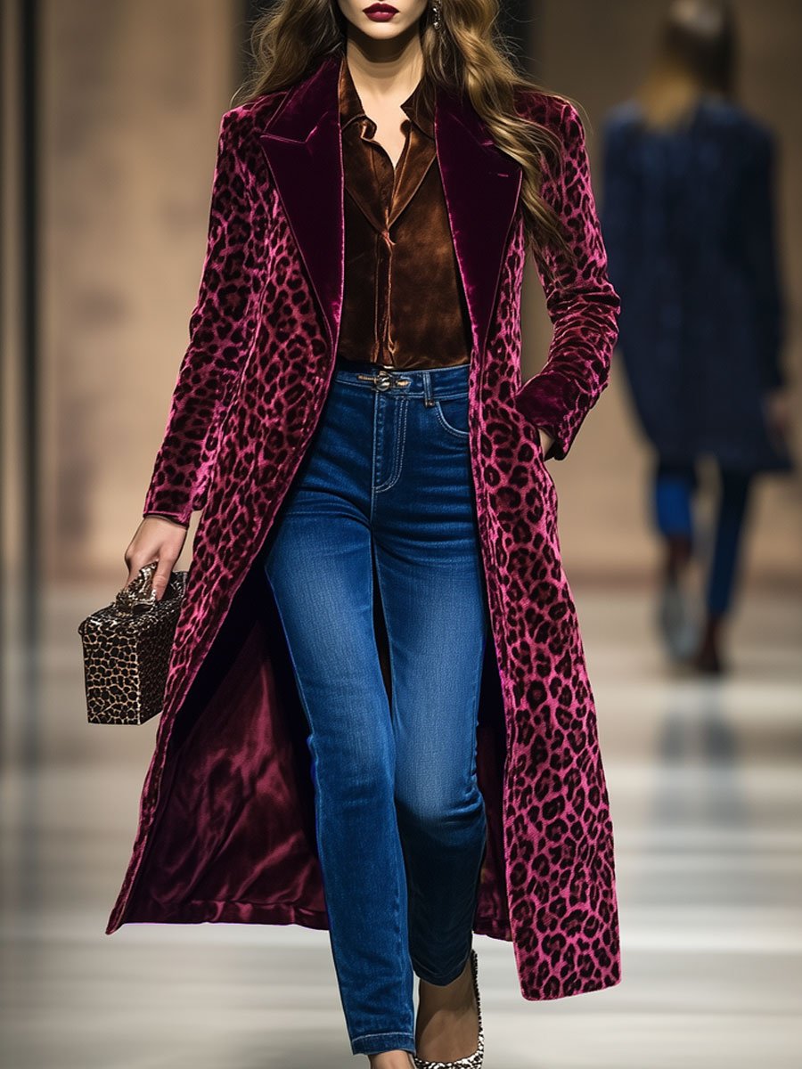 Gisela - Mantel lässig Retro aus Samt Leopardenmuster mit Kragen
