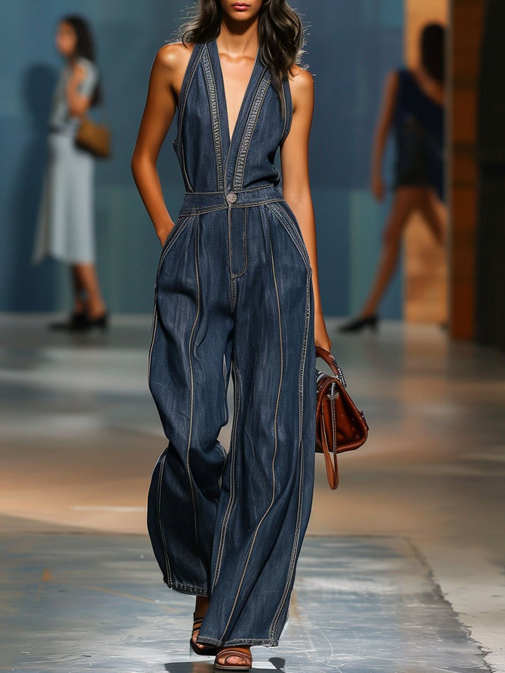 Sabine - Overall lässig Retro aus Jeansstoff mit V-Ausschnitt und ärmellosem Schnitt mit Schnitt weich