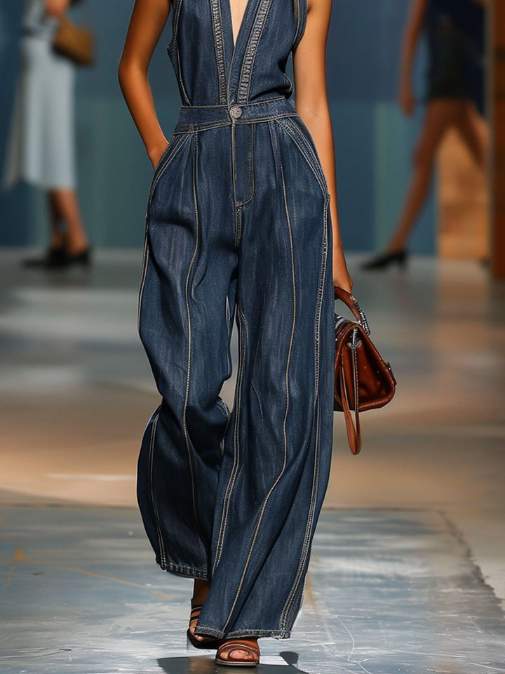 Sabine - Overall lässig Retro aus Jeansstoff mit V-Ausschnitt und ärmellosem Schnitt mit Schnitt weich