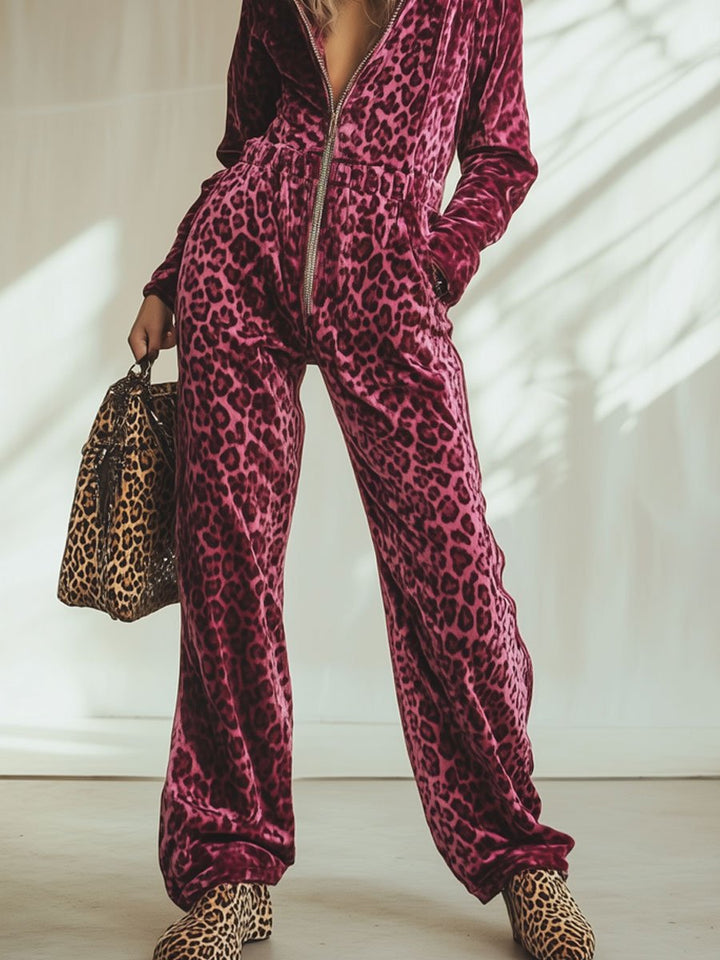 Smilla - Overall lässig Retro aus Samt Leopardenmuster mit Reißverschluss und Kapuze mit Linie feminin