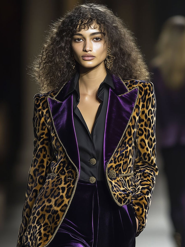 Susanne - Jacke lässig Retro aus Samt Leopardenmuster mit Kragen