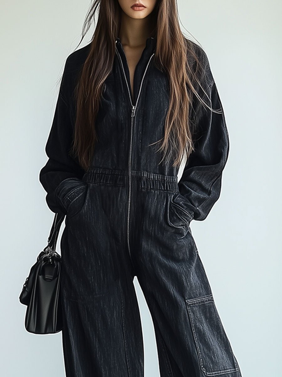 Monika - Overall lässig Retro aus Jeansstoff mit Reißverschluss und Kragen