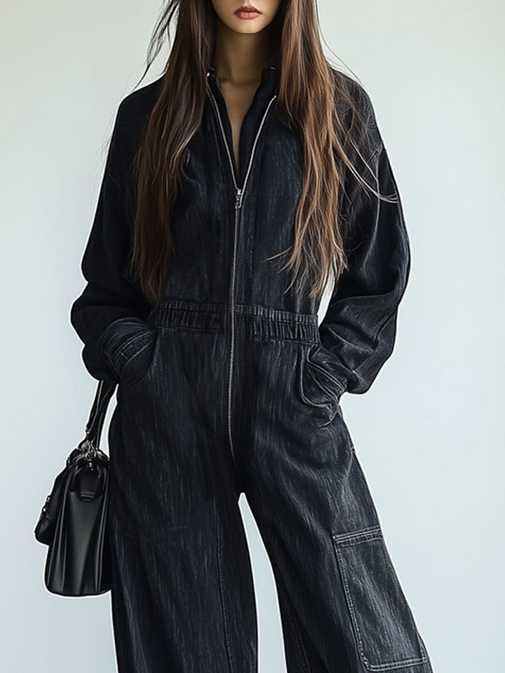 Monika - Overall lässig Retro aus Jeansstoff mit Reißverschluss und Kragen