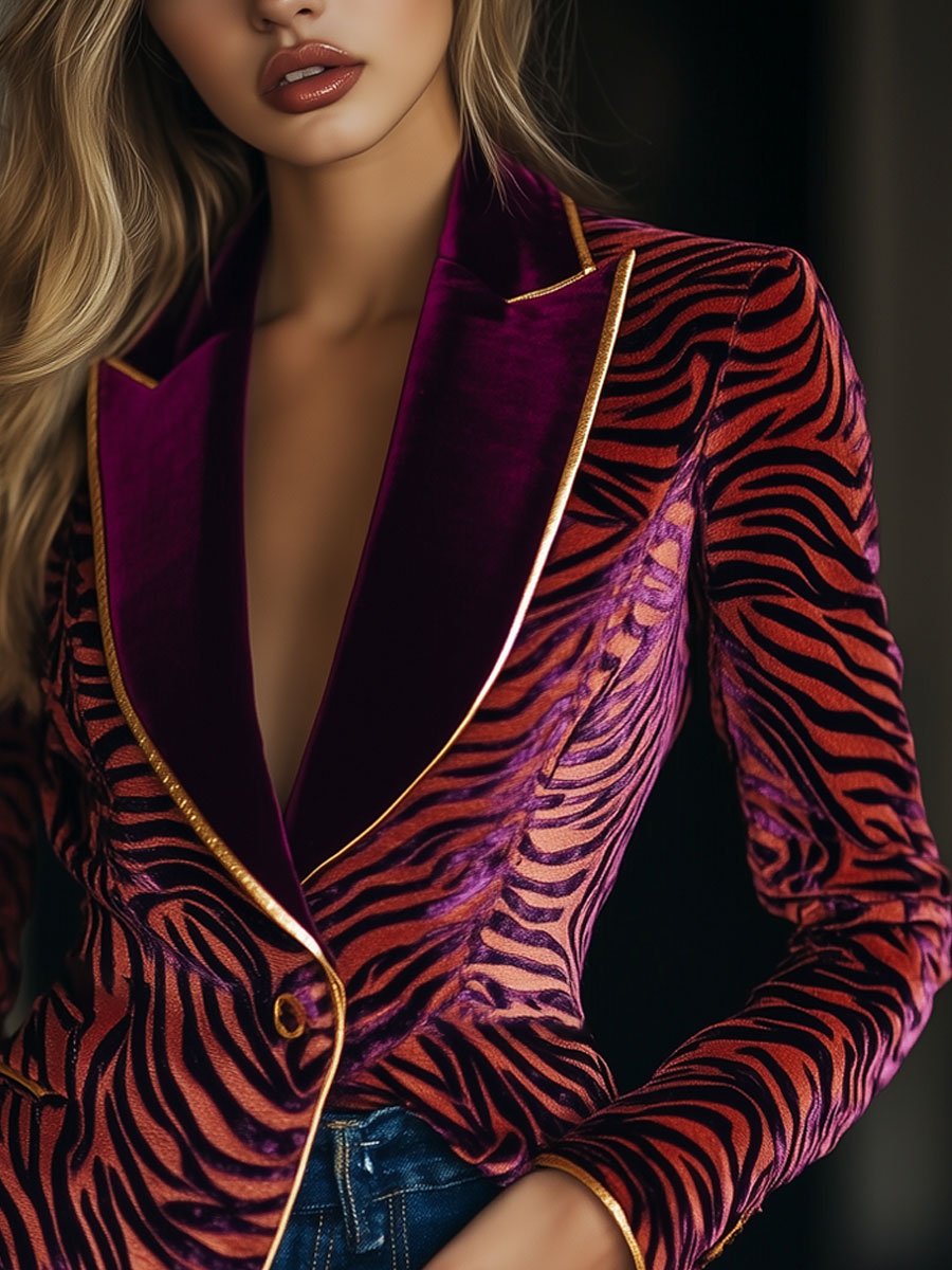Heike - Jacke lässig Retro aus Samt gestreift mit Kragen und Taschen