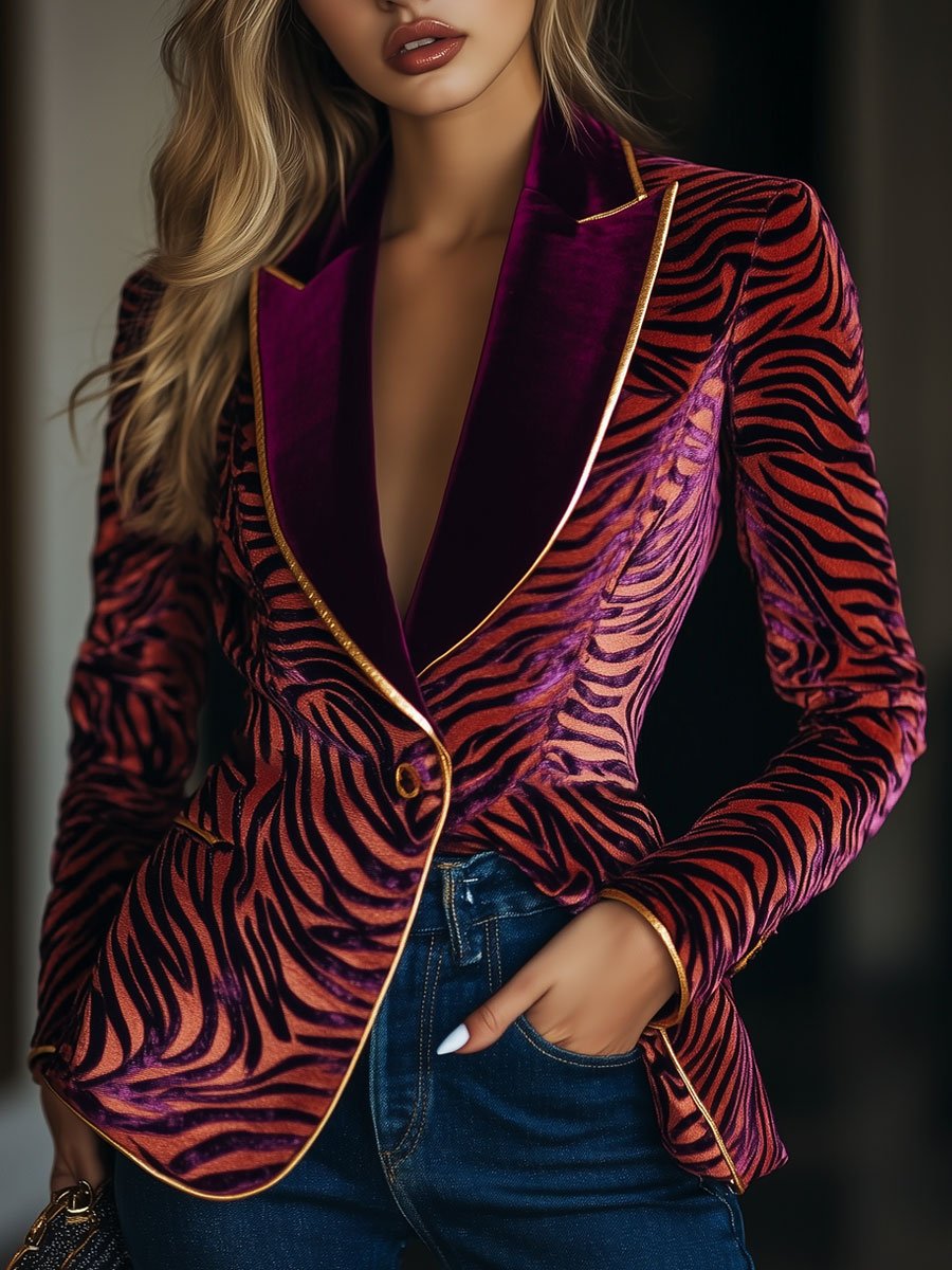 Heike - Jacke lässig Retro aus Samt gestreift mit Kragen und Taschen