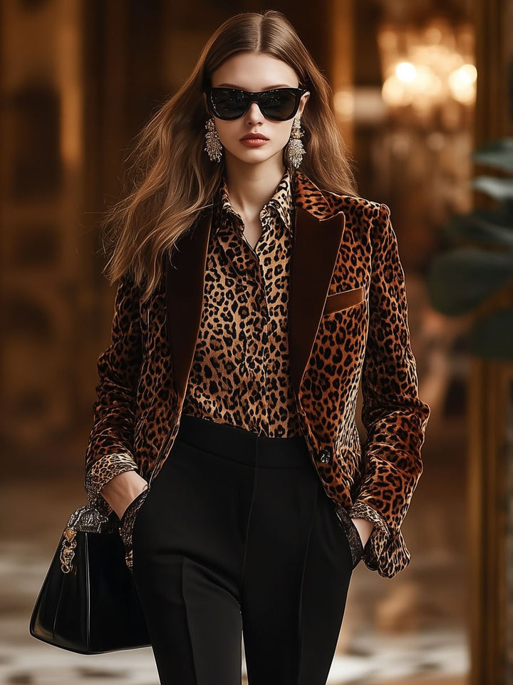 Claudia - Jacke lässig Retro aus Samt Leopardenmuster mit Kragen und V-Ausschnitt