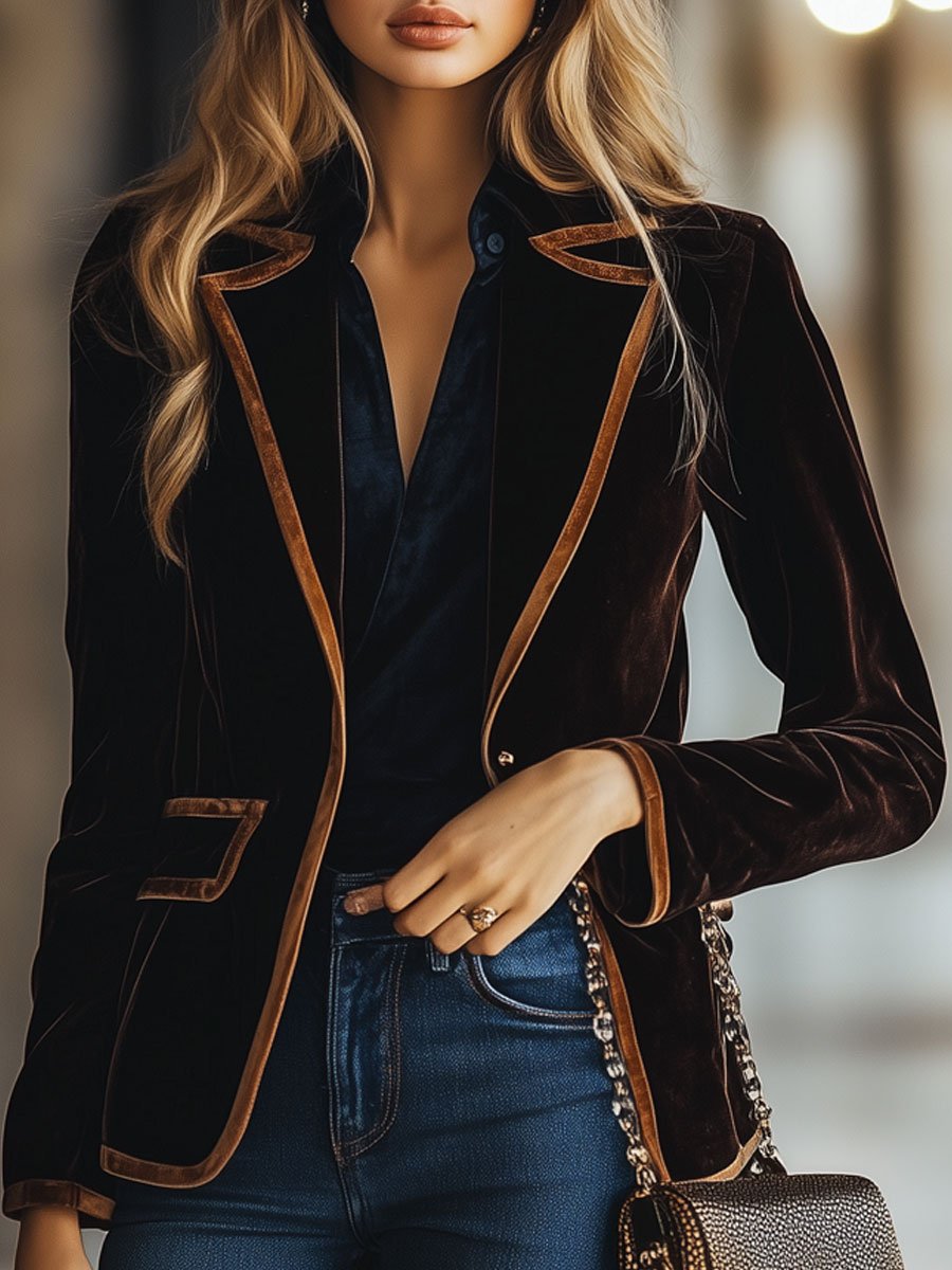 Birgit - Jacke lässig Retro aus Samt gestreift mit V-Ausschnitt und Taschen