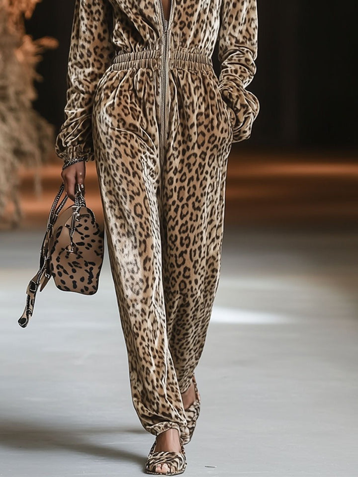 Fenna - Overall lässig Retro aus Samt Leopardenmuster mit Reißverschluss und Kapuze