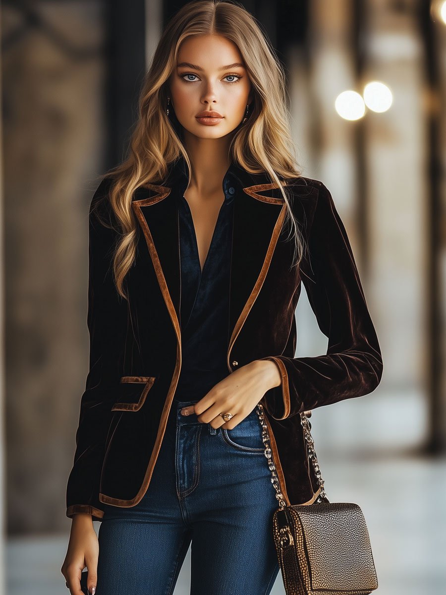 Birgit - Jacke lässig Retro aus Samt gestreift mit V-Ausschnitt und Taschen