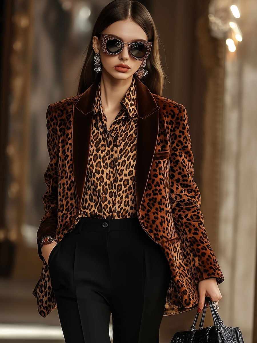 Karin - Jacke lässig Retro aus Samt Leopardenmuster mit Kragen mit Linie feminin