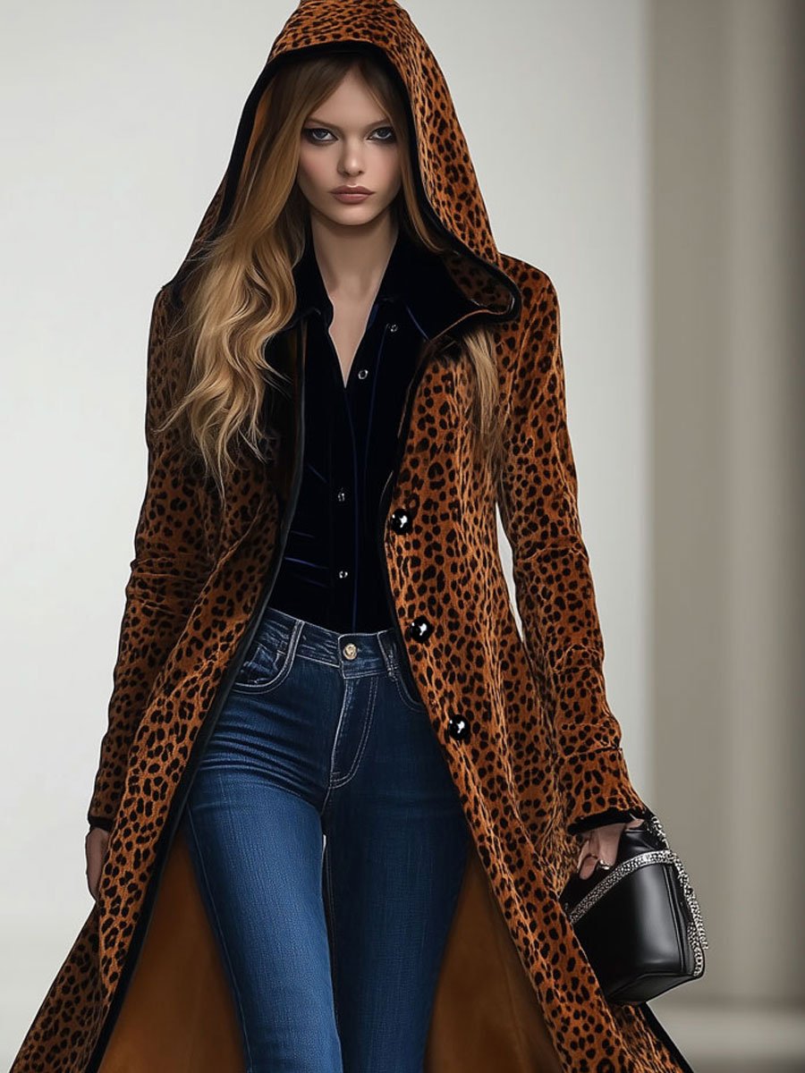 Marla - Mantel lässig Retro aus Samt Leopardenmuster mit Kapuze